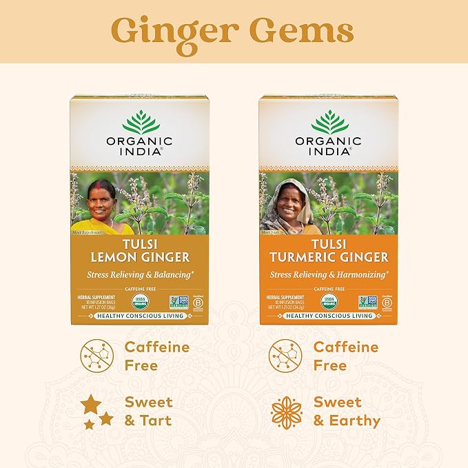 ORGANIC INDIA Tulsi Lemon Ginger Tea Bags - Herbal Tea, Stress Relieving & Reviving, Immune Support, Aids Digestion, Vegan, USDA Certified Organic, Non-GMO, Caffeine-Free - 18 Infusion Bags, 3 Pack