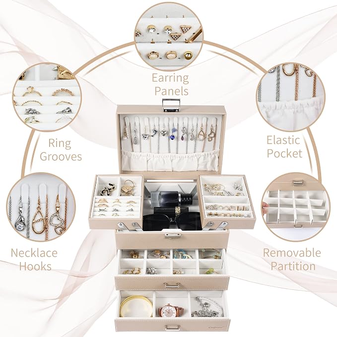 Jewelry Organizer Box, Large Jewelry Boxes for Women Girls, Space-Saving 4 Layers Jewelry Storage Case with Drawer, Movable Metal Stand, Modern, Gift Idea (Champagne + Silver)