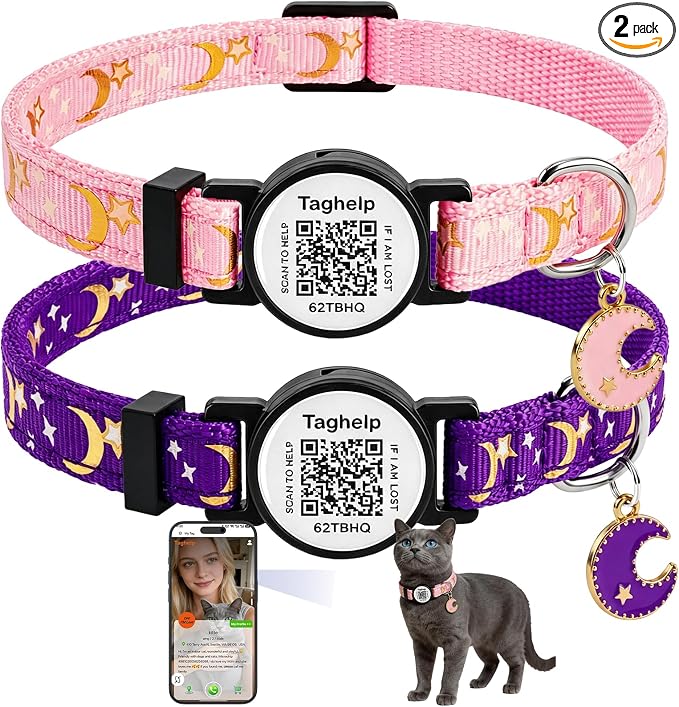 2PCS Breakaway Cat Collars with QR Code Bell Moons Stars Cute Kitty Adjustable Safe Kitten Collars with Pendant Glow in The Dark. Smart ID tag.Real-time scan alerts (Purple&Pink)