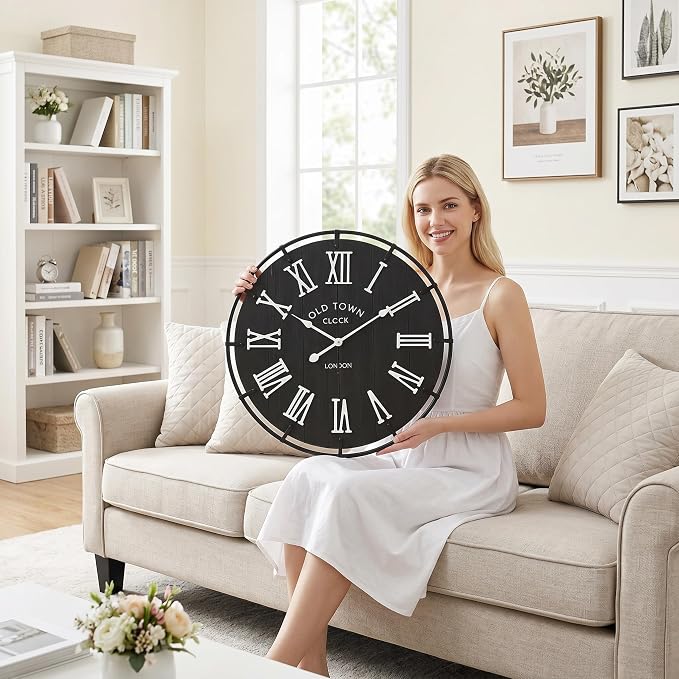 EMAX HOME 24 Inch Vintage London Style Wall Clock, Black Wood Grain Background with White Roman Numerals, Rustic Metal Frame, Silent Non-Ticking Clock for Fireplace Mantel, Entryway, or Dining Area.