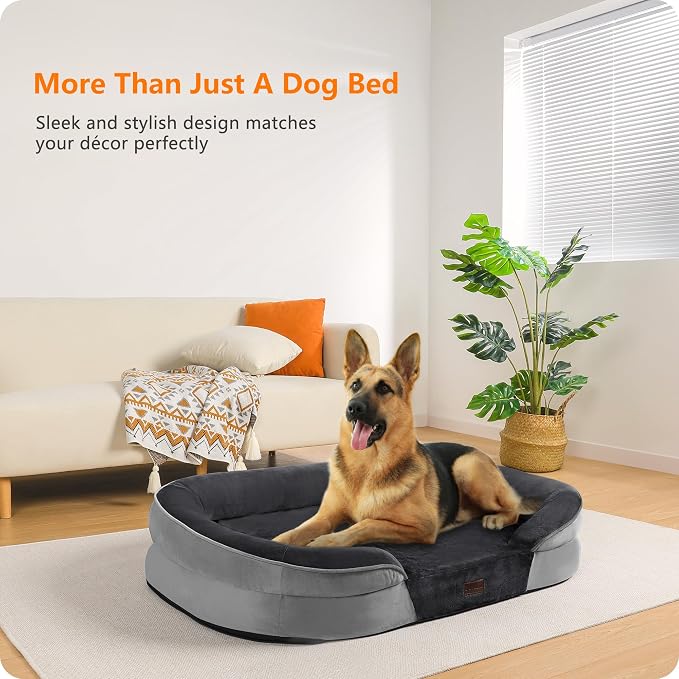 Dwanton Orthopedic Waterproof X-Large Dog Bed Sofa, Gel Memory Foam, 45" | Egg-Crate Foam Dog Sofa, Washable Pet Bed with Four Sided Bolster Cushion, Removable Cover & Non-Slip Bottom, Dark Grey
