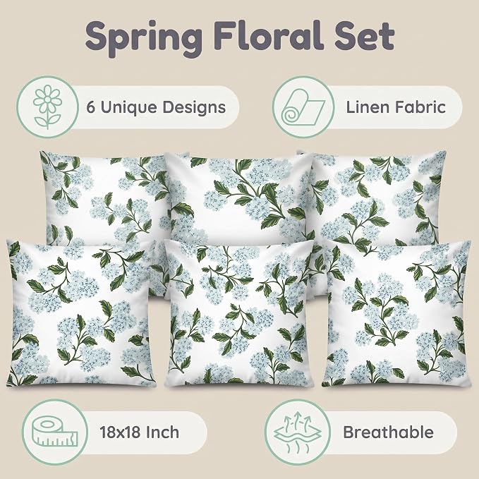 COMMINY Blue Dhalia Linen Pillow Covers 18x18 Set 6 Farmhouse Throw Cover | Decorative Flower, Breathable Linen, Standard Throw Pillow Size, Bedroom Accent Couch Sofa, Spring Summer Decor