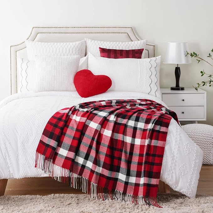 Christmas Red Plaid Throw Blanket for Couch, Red Buffalo Plaid Blanket | Super Soft Woven Throw Blanket with Tassels, Decorative Christmas, Lightweighet,Ideal for Bed Sofa Home Decor