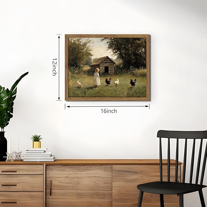 Vintage Country Framed Wall Art, Little Girl and Chick Canvas Prints, Rustic Landscape Picture Painting, Pastoral Farmhouse Wall Decor for Living Room Bedroom – Dark Wooden Frame 12x16in