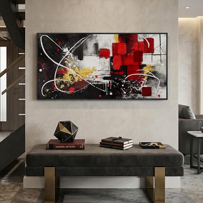 Extra Large Framed Red Black and White Abstract Wall Art for Living Room, Modern Canvas Prints Horizontal Artwork for Walls, Red Gold Geometric Pictures for Dining Bedroom Hallway Wall Decor 30x60 In