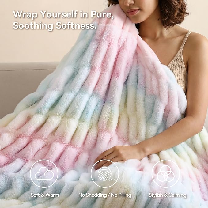 Rainbow Fluffy Blanket for Couch - Luxury Faux Rabbit Fur 60"x80" | Ultra Soft & Plush Comfort Ruched Blanket, Cozy Fuzzy Colorful Throw for Sofa & Bed, Great Gift for Women, Rainbow Room Decor