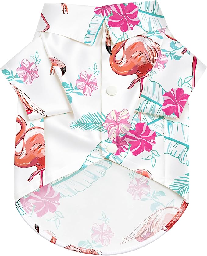 Flamingo Hawaii Style Pet Dog T-Shirt, Four-Way Stretch Breathable Light Cool Summer Shirts, Casual Beach Seaside Daily Clothes for Small Size Puppy.White L