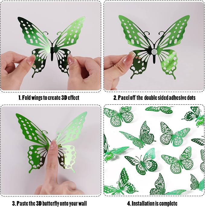 SAOROPEB 3D Butterfly Wall Decor 48 Pcs Dark Green Butterfly Decorations | 4 Styles 3 Sizes, Green Birthday Butterfly Party Decorations Butterfly Cake Decorations, Removable Stickers