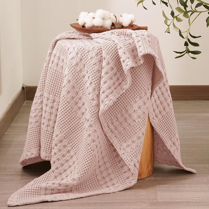 PHF 100% Cotton Waffle Weave Throw Blanket, Lightweight Breathable Summer Blanket for Couch Sofa, Pre-Washed Soft Throws for Bed, Office, Travel & Stylish Home Decor, 50"x60", Pink/Mauve