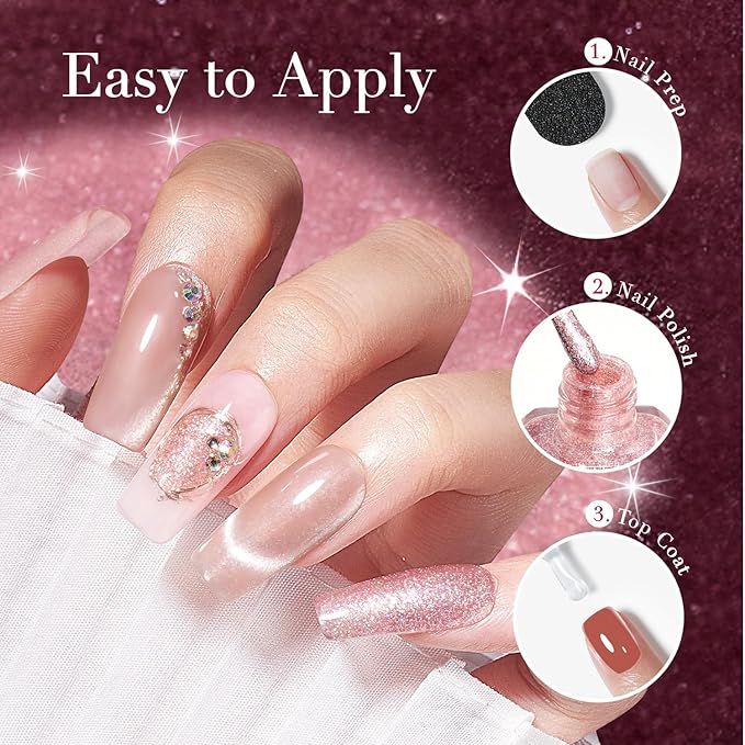 AZUREBEAUTY Cat Eye Nail Polish no Gel Fast Drying Pink Shimmer 2 Colors 10ml Natural Nail Lacquer High Shine DIY Salon Home Women Gifts
