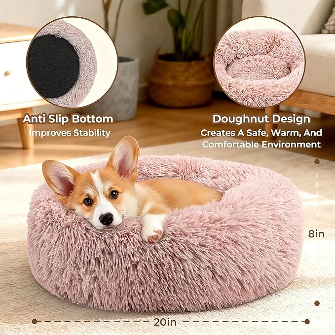 Calming Donut Dog and Cat Bed for Indoor Cats, Anti-Anxiety Round Fluffy Soft Washable Small Pet Bed for Puppy and Kitten, Warming Comfortable Luxury Anti-Slip Waterproof Mute Base 20in Pink