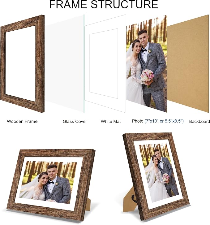 Hongkee 7x10 Picture Frame Set of 4, Made of Real Glass and Rustic Brown Frame - Display 5.5 x 8.5 Diploma Frame with Mat or 7x10 Without Mat, 7 by 10 Photo for Wall or Tabletop