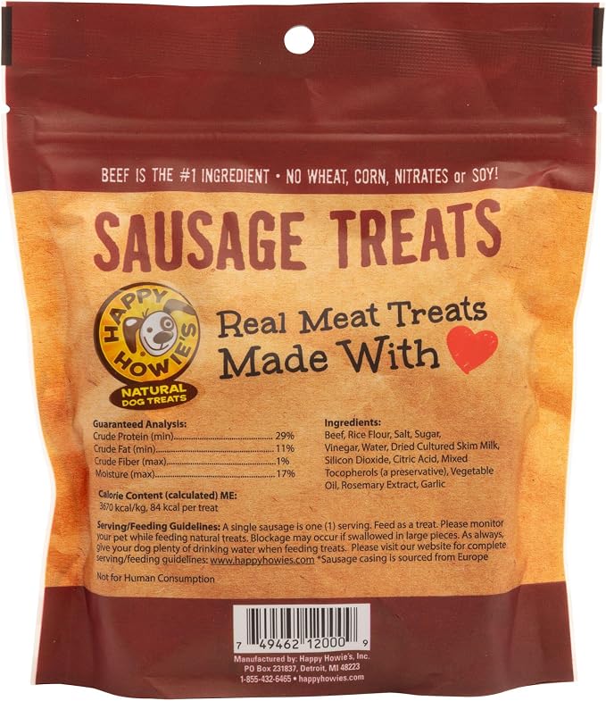 Happy Howie's Sausage Treats, Healthy Dog Treats, Beef, (Pack of 1) | Flavorful Slow Cooked Beef, Natural Ingredients, Chewy, Hormone Free