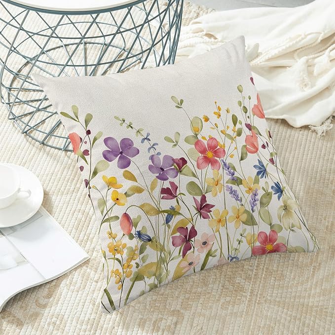 AEIOAE Spring Pillow Covers 20x20 Inch Set of 2, Colorful Wild Flower Leaves Plant Throw Pillows Case,Seasonal Floral Outdoor Decorative Farmhouse Decor Cushion Covers for Home Sofa Bed Couch