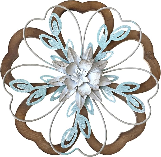 Remenna Metal Flowers Wall Decor, Rustic Floral Art, White & Blue, Farmhouse Hanging Decoration for Living Room, Bathroom, Garden
