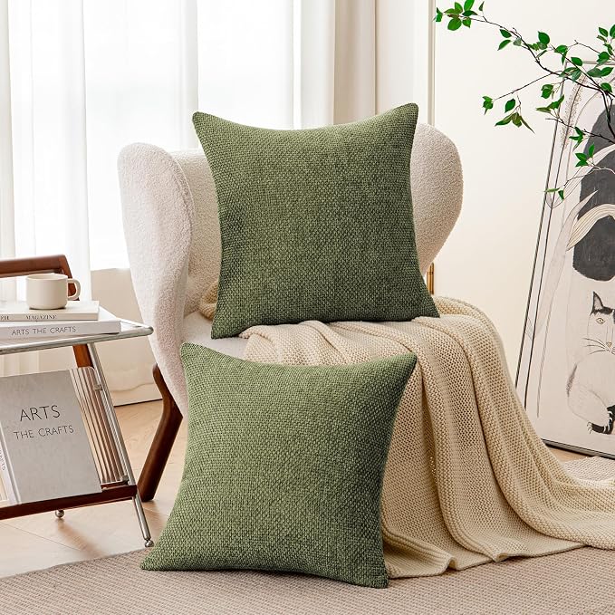 a moment Olive Green Chenille Throw Pillow Covers 16x16 Inch Pack of 2 Modern Decorative Throw Pillow Covers Farmhouse Cross Covers Home Decor for Sofa Bedroom Living Room