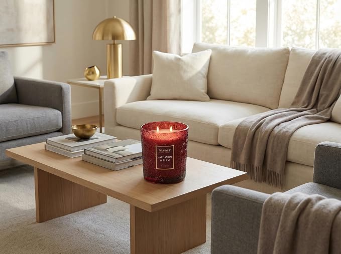 Bellevue Luxury Candles, 12 OZ Soy Blend Candle, Embossed Glass, Fragrances formulated with Essential Oils, Home Fragrances, Scented Candles Gift Set ǀ Scent: Cardamom & Plum