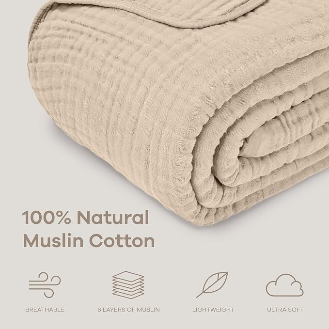 Comfy Cubs Adult Muslin Blanket 90x90” Queen Swaddle Blankets, Sand | 6 Layer Soft, Breathable & Lightweight Muslin Adult Blanket - Machine Washable & Designed in the US Bedding for All Seasons