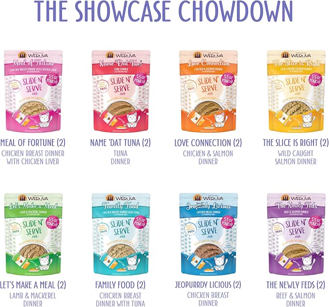 Weruva Wet Cat Food, The Showcase Chowdown Variety Pack, 5.5oz Slide N Serve Pouch, Pack of 16