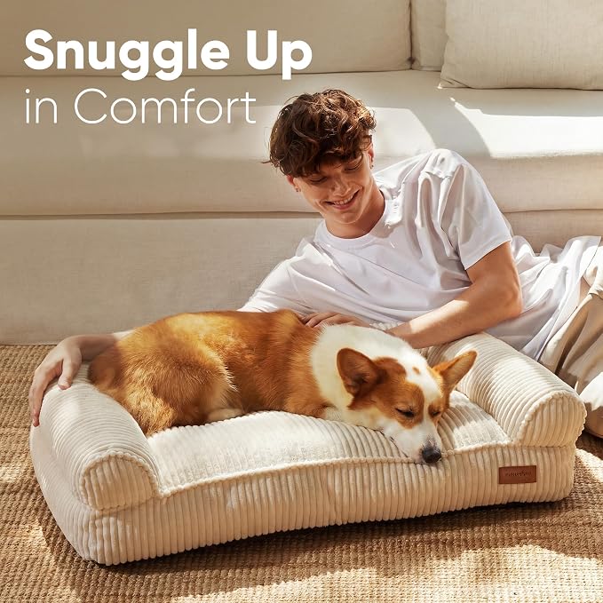 FUKUMARU Dog Couch Bed, Corduroy Cozy Cat Bed, Waterproof, Washable Cover | 28in Orthopedic Dog Beds Sofa for Small Dogs and Large Cats, Cute Warm Cotton Pet Sofa