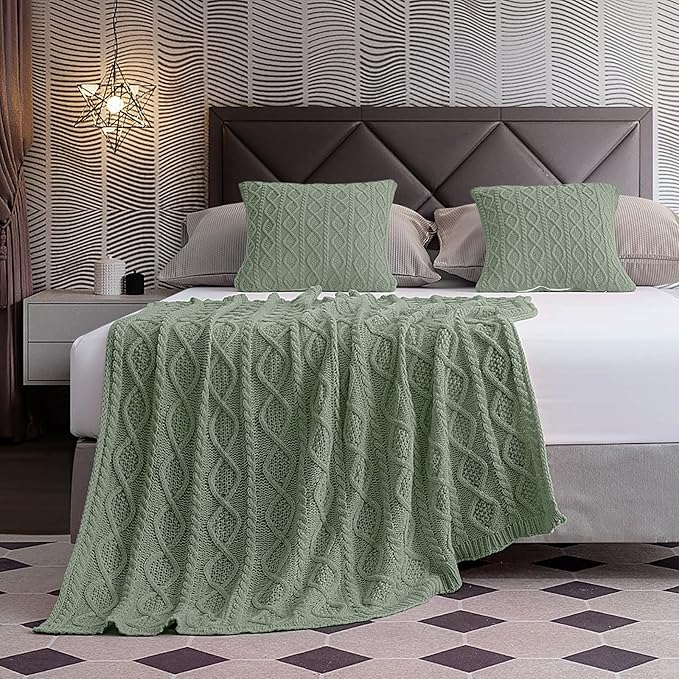 Homiest Sage Green Cable Knit Throw Blanket Set of 3, with 2 Pillow Covers | Pure Acrylic, Lightweight & Breathable, All-Season Use, Machine Washable, Wrinkle & Fade Resistant, for Couch Bed And Sofa