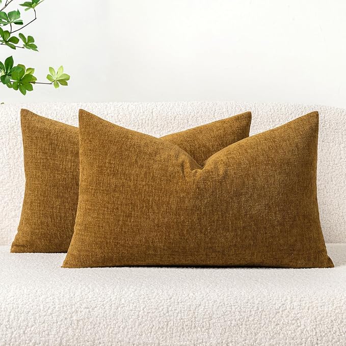 MIULEE Soft Chenille Lumbar Throw Pillow Covers Mustard 12x20 Pack of 2 | Modern Home Decor, Classic Decorative Pillows, Solid Dyed Cases, Boho Couch Cushion Covers for Sofa Bed Living Room