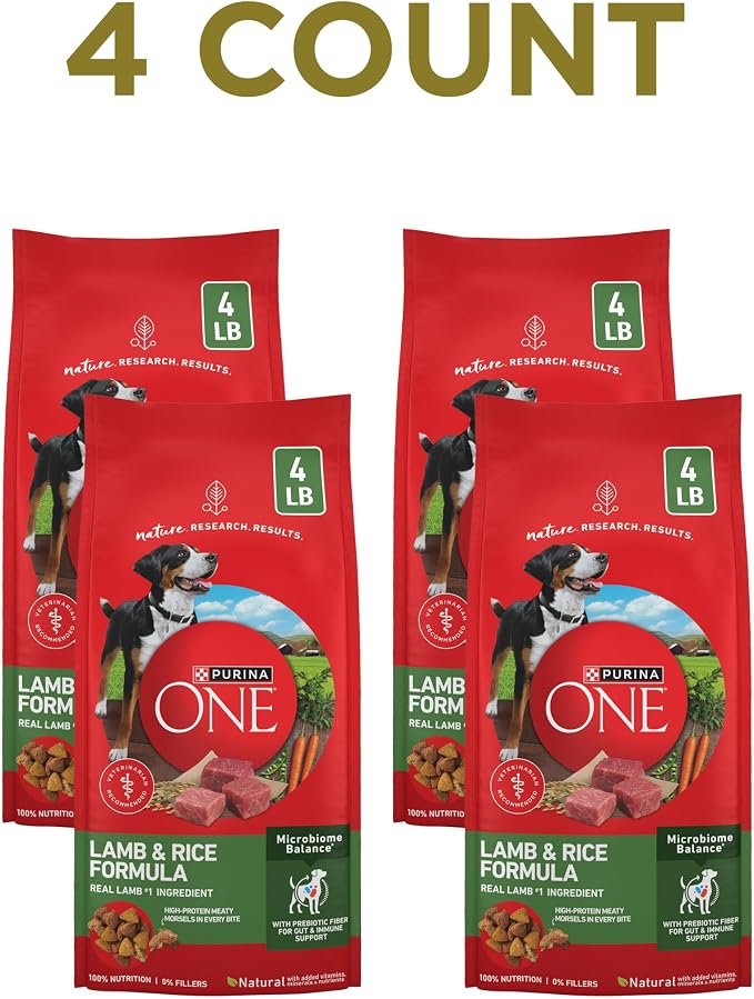 Purina ONE Dry Dog Food Lamb and Rice Formula - (Pack of 4) 4 lb. Bags | Natural recipe with real lamb as the first ingredient, and a microbiome balance with prebiotic fiber for gut & immune support