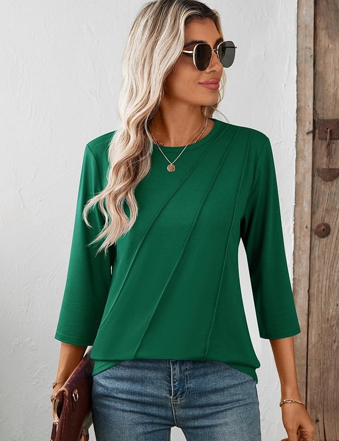 LOMON 3/4 Length Sleeve Womens Tops Spring Summer Fashion 2026 Tops Crew Neck Pleated Shirts Tunic Top Loose Fit