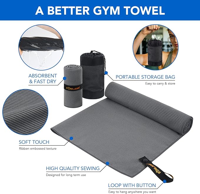 SUNLAND Microfiber Gym Bath Towel Ultra Soft Travel Camping Towel Super Absorbent Swimming Sport Yoga Sweat Towels with Straps for Adults and Children