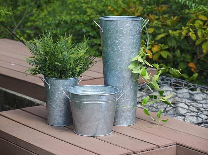 Hosley Galvanized French Bucket Vase with Handles 6" Dia x 15" H- Perfect for Weddings, Parties, Country Picnics, Floral Arrangements, Tableware Storage, or Candle Gardens - Rustic Farmhouse Décor