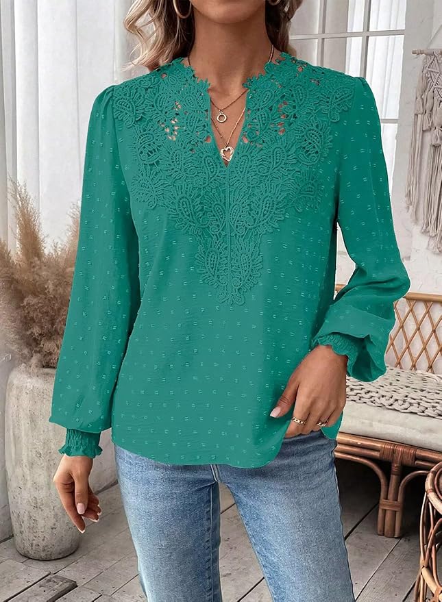 Womens Tops Swiss Dot Boho Long Sleeve Shirts V Neck Casual Chiffon Blouses Flowy Lace Hem Cute Clothing Trendy 2026