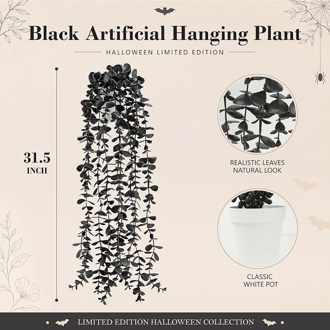 Der Rose Fake Eucalyptus Hanging Plants for Halloween Party Decorations | Black faux plants indoor for gothic bathroom decor, shelves and mantels, bringing moody depth to Halloween decorations indoor