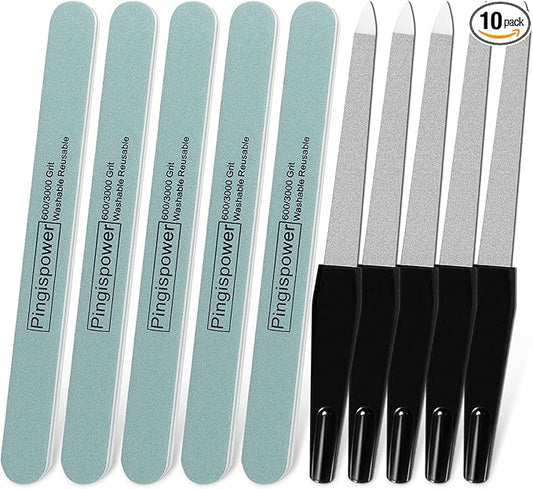 Nail Files and Buffers (10 Pack), Professional Durable Reusable Nail Buffer Block for Natural Nails, 600/3000 Fine Grit Double Sided Washable Nail Supplies Kit for Women Home Salon &Travel