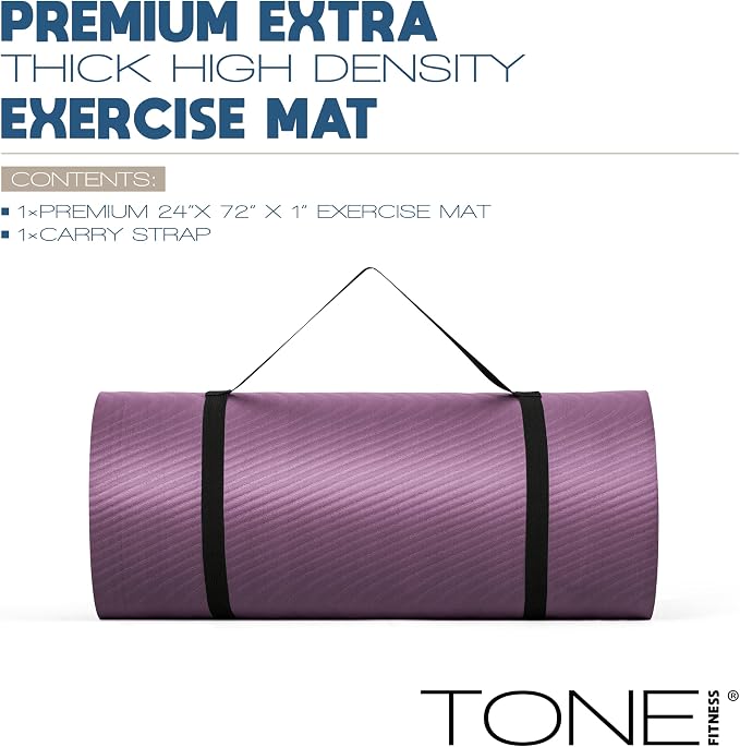 Tone Fitness 1-Inch Thick Yoga Mat | High-Density, Non-slip Exercise Mat with Carrying Strap for Yoga, Pilates, & Home Gym Workouts | Multiple Options