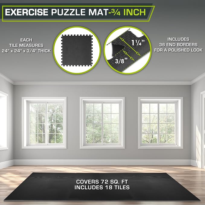 ProsourceFit Weaved Pattern Extra Thick Exercise Puzzle Mat 3/4-inch, EVA Foam Interlocking Tiles for Protective, Cushioned Flooring for Home and Gym Equipment; Black, 72 SQ FT, 18 Tiles