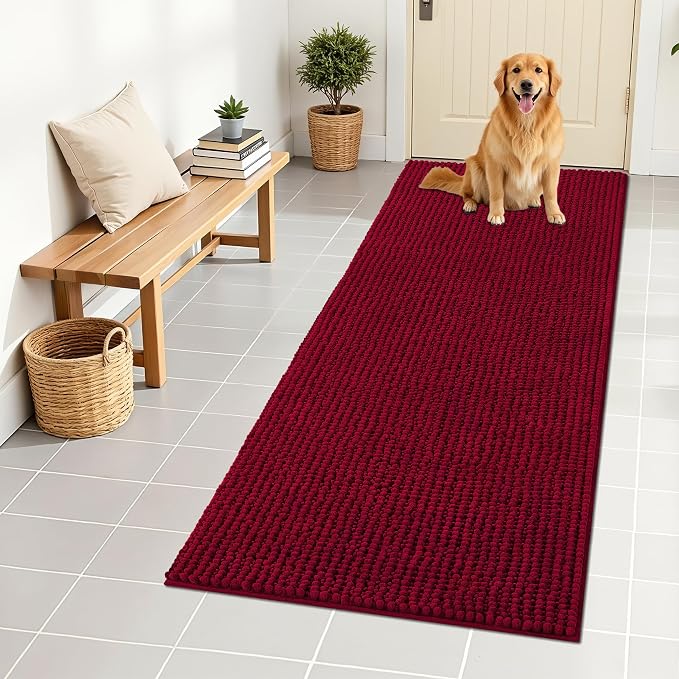 OLANLY Dog Door Mat for Muddy Paws 59x24, Extra Absorbent Chenille Mud Mat | Burgundy, Absorbs Moisture and Dirt, Non-Slip Machine Washable Doormat, Quick-Drying Indoor Entryway Floor Mat for Dogs