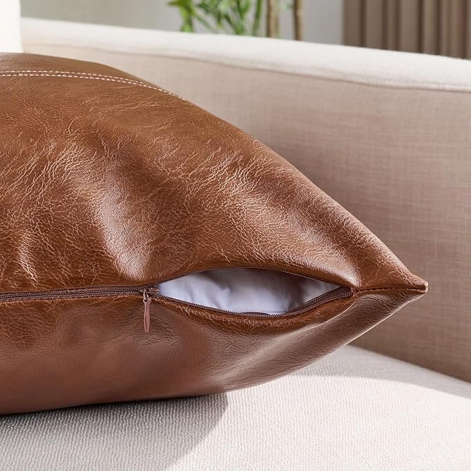 Fancy Homi Brown Boho Long Square Faux Leather Decorative Throw Pillow Covers 22x22 Inch for Living Room Couch Bed Sofa, Hand Stitched Cushion Case, Rustic Modern Farmhouse Home Decor