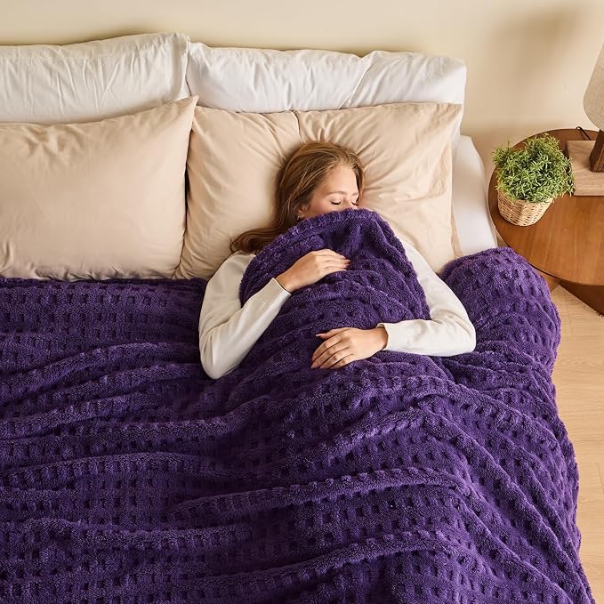 NEWCOSPLAY 3D Waffle Checkered Flannel Queen Blanket, Dark Purple, 90"x90" | Super Soft Cute Lightweight Decorative Premium Silky Fleece Blanket for Couch Sofa Bed, Gift for Women Men, All Season Use