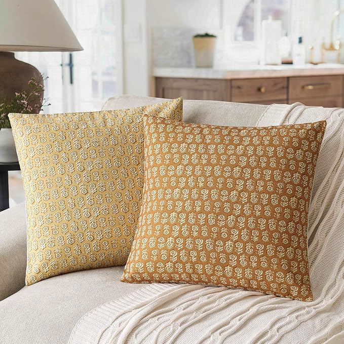 Foindtower Set of 2 Decorative Vintage Floral Print Throw Pillow Covers Neutral Modern Farmhouse Cushion Cover Boho Home Decor For Sofa Couch Chair Bedroom Living Room Outdoor,24×24 Inch,Golden Orange