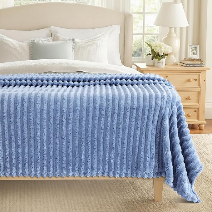 decorUhome Blue Grey Fleece Queen Blanket 90x90 Inches | Soft Fleece Bed Cozy Fluffy Plush Flannel Large Striped Throws for Couch Sofa, Decorative Fuzzy Blanket for Woman