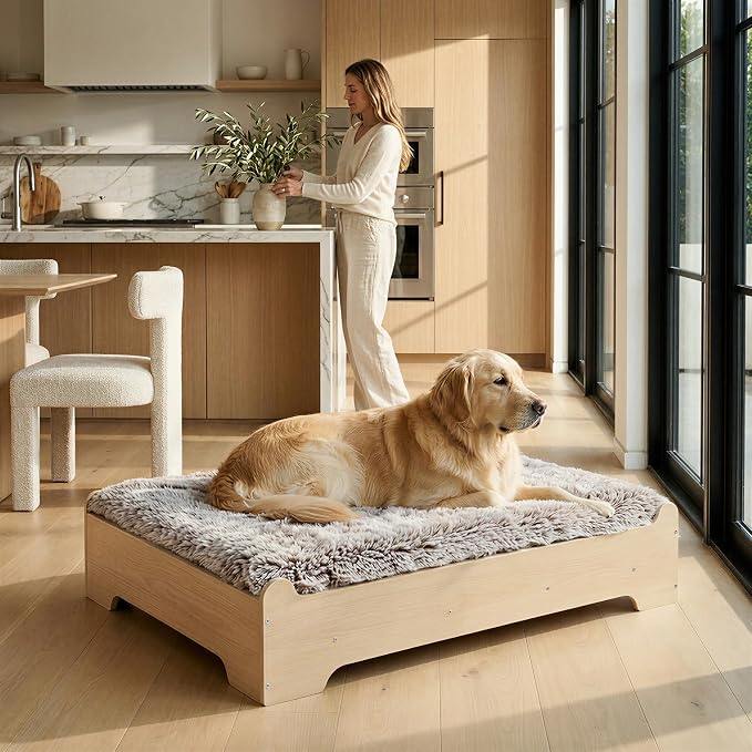 Elevated Wood Dog Bed Frame with Foam Mattress, WoodPattern, L | Raised Dog Bed with Washable Cover, Furniture-Style Design for Indoor Living