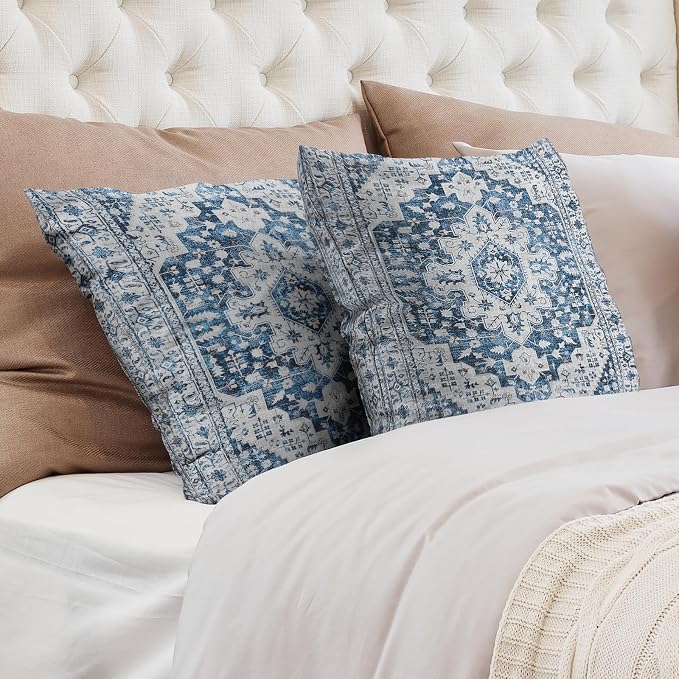 Boho Throw Pillow Covers 22x22 inch Set of 2,Soft Pillowcases Bohemia Carpet Printing Pattern Decorative Sofa Living Room Bed Square Pillow Case Cushion Cover-Blue White