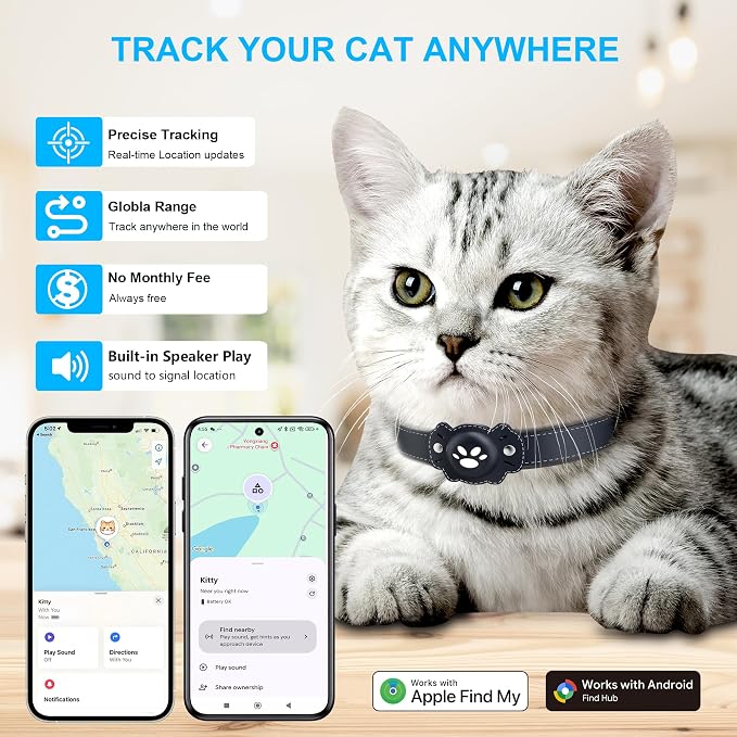 2-in-1 GPS Tracker for Cats: Smart Pet Collar with Real-Time Tracking,No Monthly Fee/Subscription (iOS & Android) Waterproof, Anti-Lost,365-Day Long Battery Life GPS Tracker Cat Collar (Blue)
