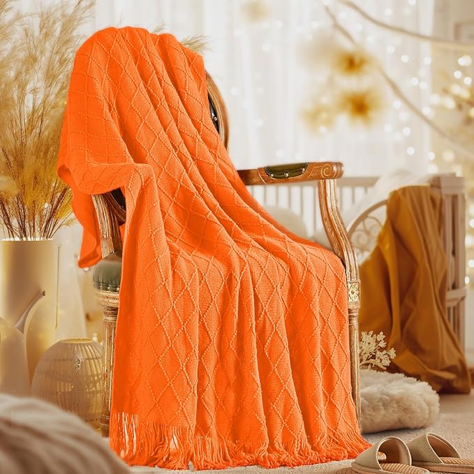 inhand Burnt Orange Knitted Throw Blanket for Couch and Bed, 50"x60" | Fall Halloween Decor, Soft Living Room Home Decor Knitted, Outdoor Lightweight Autumn, Farmhouse Warm Fall Decoration Indoor