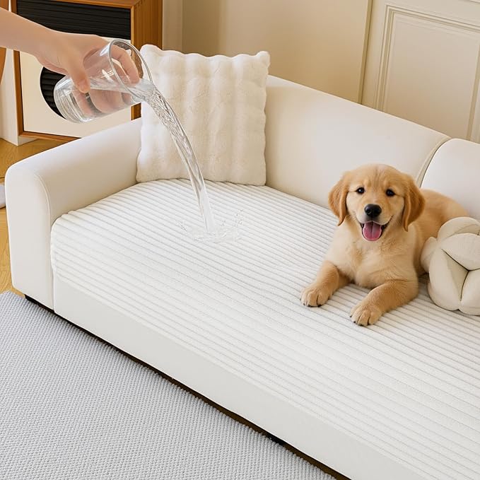 MYSKY HOME 100% Waterproof Couch Cover for Dogs Washable, Non Slip Couch Covers for 2 Cushion Sofa Pet Friendly, Thick Soft Sofa Covers Slipcovers Blanket Dog Bed Cover, Cream, 35"x70.9"