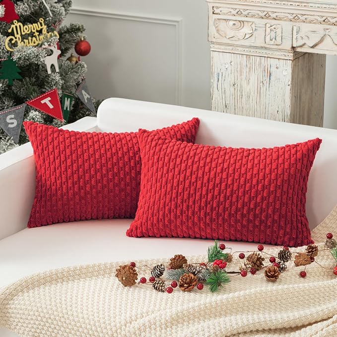 Kevin Textile Soft Corduroy 12"x20" Lumbar Pillow Cover 1 Pack, Red | Boho Stripe Plush Corduroy Decorative Oblong Cushion Cover Modern Farmhouse Home Decor for Sofa Couch Bed Chair