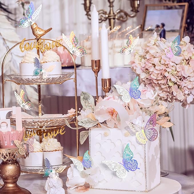 SAOROPEB 3D Butterfly Wall Decor 48 Pcs Laser Butterfly Birthday Decoration | 4 Styles 3 Sizes, Butterfly Party Decorations Cake Decorations, Removable Stickers