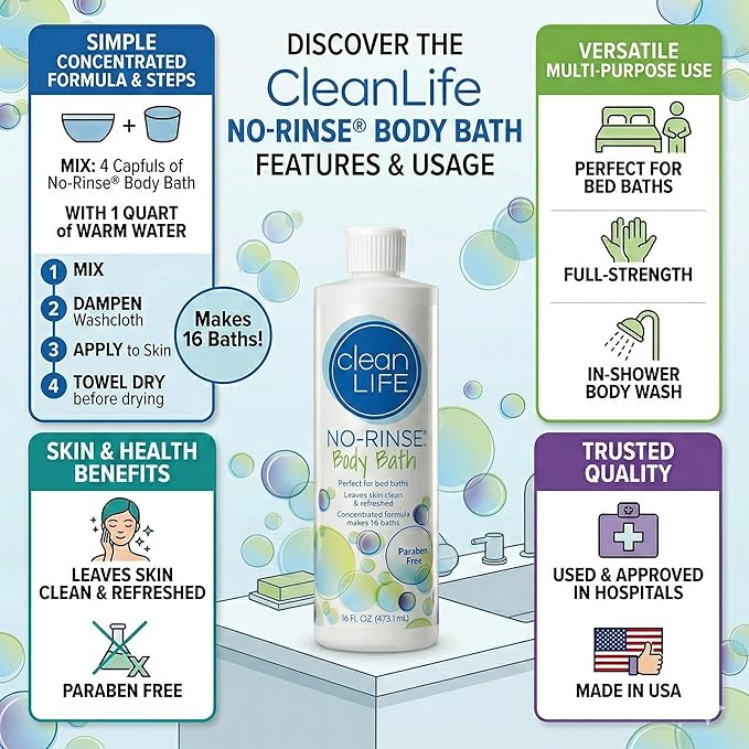 No-Rinse CleanLife Products Body Bath, 16 fl oz (Pack of 3, Makes 48 Complete Baths) – Gentle, Concentrated Liquid Body Wash Made in USA – Ideal for Post-Surgery, Elderly Care, Camping, and Travel