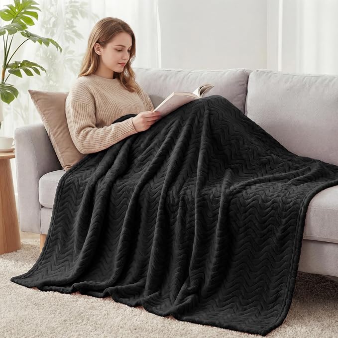 Exclusivo Mezcla Soft Fleece Blanket Twin Size for Bed, Sofa, Black | 90"x66" Breathable Lightweight Flannel Blanket for Summer, Plush Cozy Jacquard Wave for Home Decor