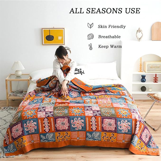 MSGKV Boho Throw Blanket 80"x90" 100% Cotton Checkered Throw for Bed Couch | 100% Cotton Throw, Checkered Pattern, Reversible Woven, Lightweight Comfort, Farmhouse Decor, All Seasons, Machine Washable